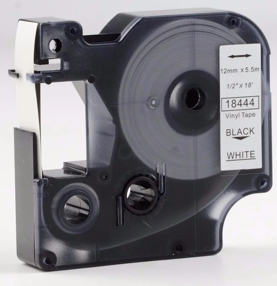 Kompatibilen trak za Dymo D1 18444 VINYL / LabelManager / LabelPoint / LabelWriter / Rhino / MobileLabeler 12mm (1/2") x 5,5m VINYL - črn izpis / bel trak