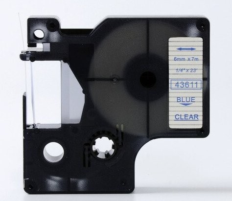 Kompatibilen trak za Dymo D1 43611 / LabelManager / LabelPoint / LabelWriter / Rhino / MobileLabeler  6mm (1/4") x 7m - moder izpis / prozoren trak