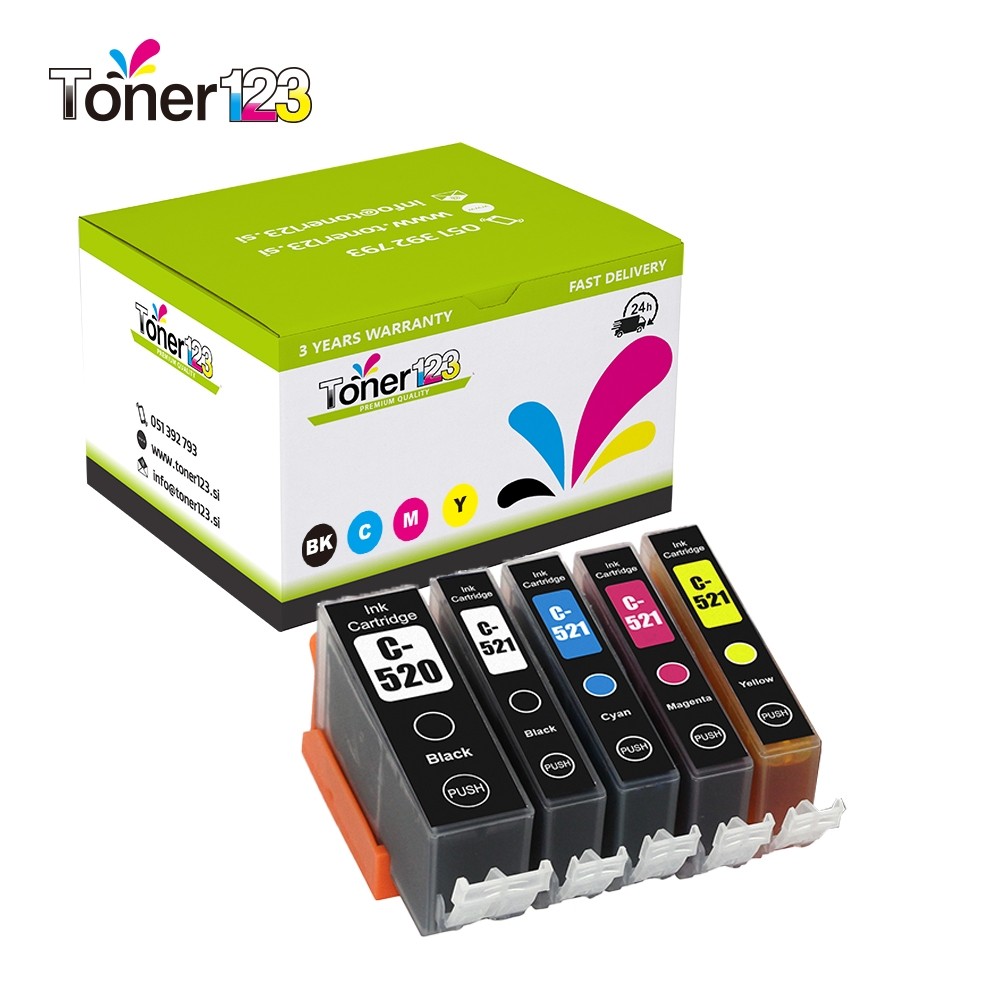 Komplet PGI-520BK + 4× CLI-521 (BK, C, M, Y) – kompatibilne kartuše za Canon Pixma