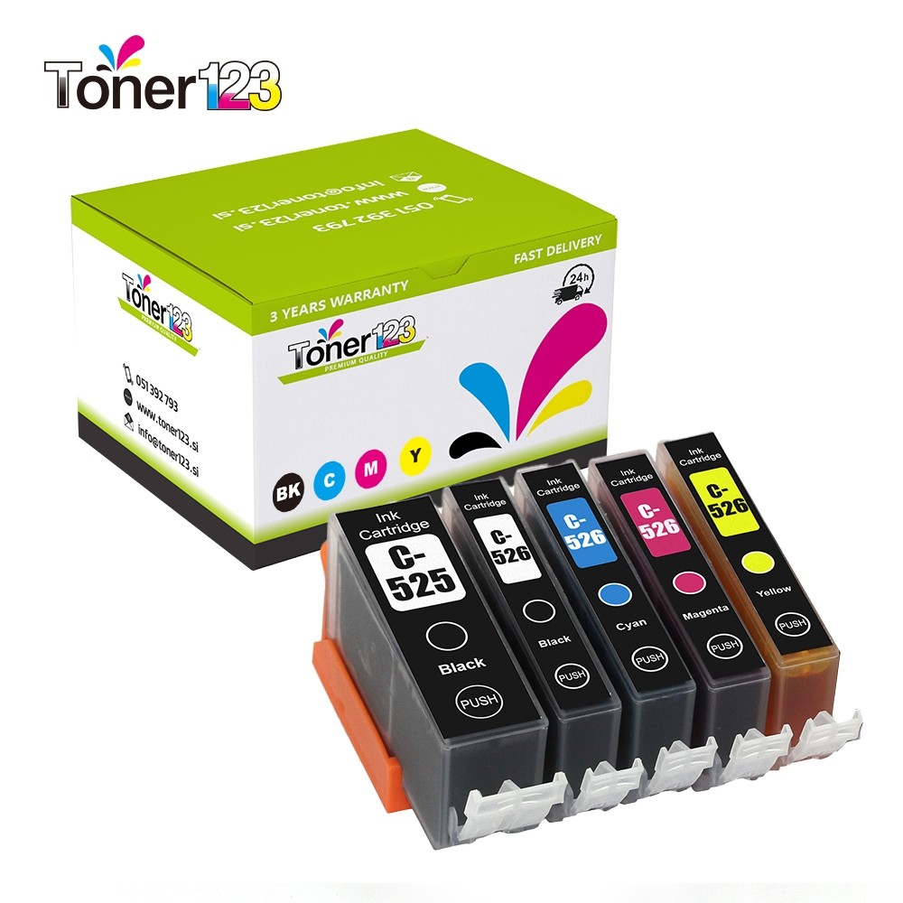 Komplet Canon PGI-525BK + 4× CLI-526 (BK,C,M,Y) / PGI525 + CLI526 / Canon pixma iP-4850, 4950/ IX-6550/ MG-5150, 5250, 5350, 5350S, 6150, 6250, 8150, 8250/  MX-715, 885, 895 kompatibilne kartuše (5) - črna, črna, cyan, magenta, rumena