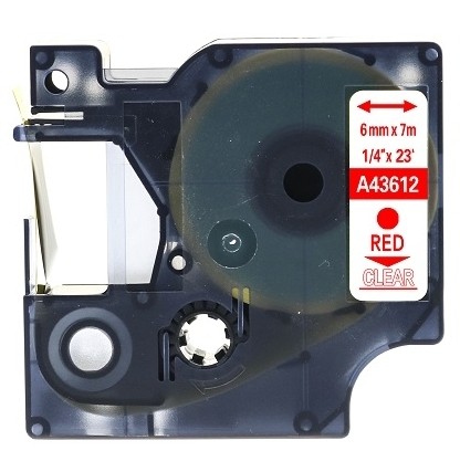 Kompatibilen trak za Dymo D1 43612 / LabelManager / LabelPoint / LabelWriter / Rhino / MobileLabeler  6mm (1/4") x 7m - rdeč izpis / prozoren trak
