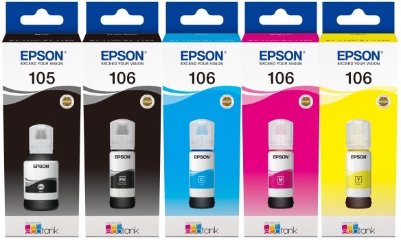 Komplet Črnil Epson 105 + 106 / EcoTank L7180, L7160 - pigmentna črna, foto črna, cyan, magenta, rumena (original)